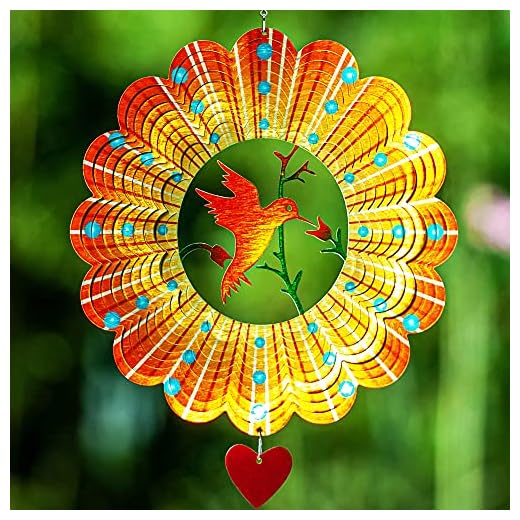SteadyDoggie Wind Spinner - 12-Inch 3D Stainless Steel Lovebird Design with Heart Pendant - Laser Cut Metal Art Geometric Pattern - Hanging Kinetic Yard Garden Decor