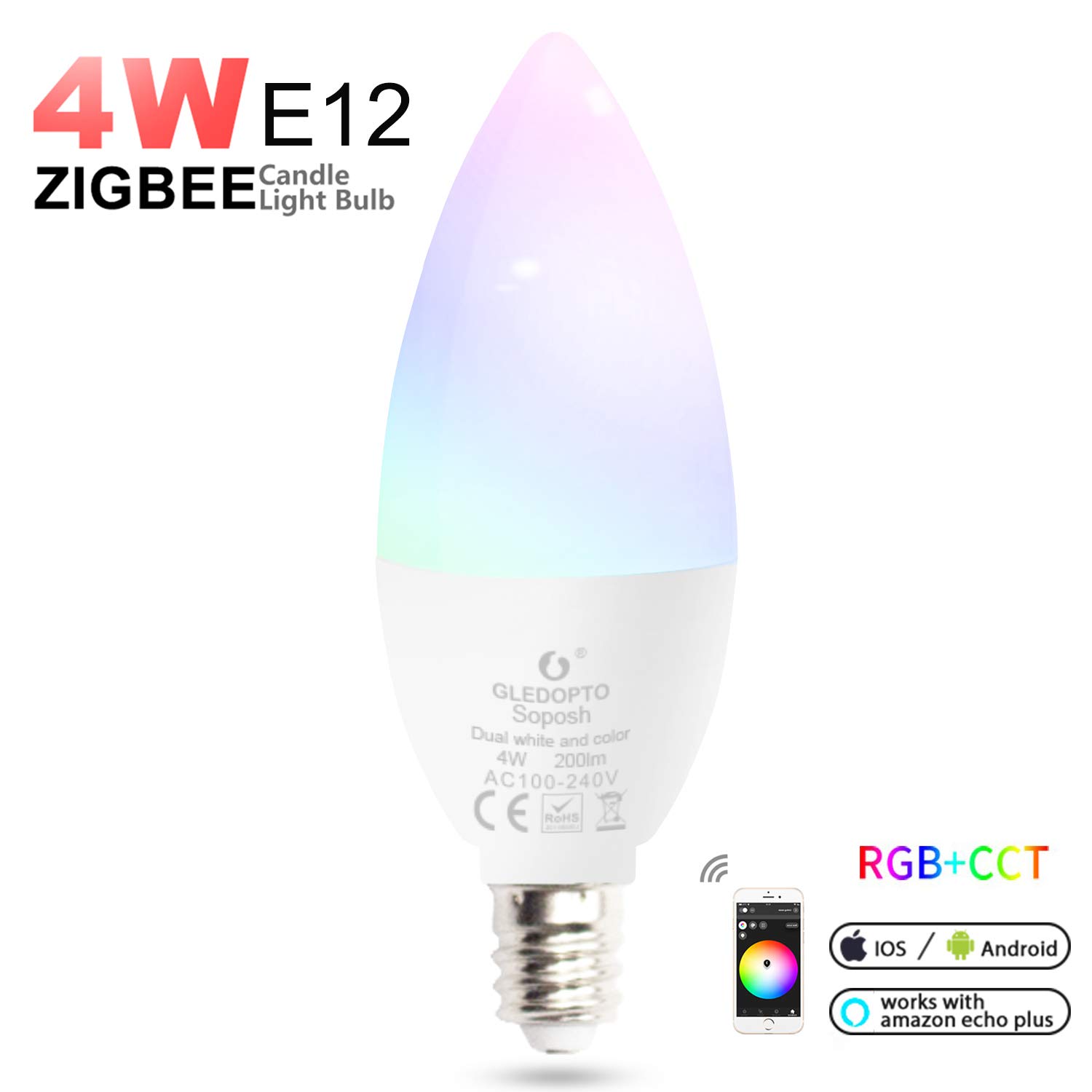 E14 LED Bulbs Dimmable Smart Candle Light Bulbs 4W E12 RGB CCT Bulbs Compatible with Amazon Echo Plus Lightify Hub and Android iOS System for Kitchen, Bedroom, Living Room, Bar, Cafe, Hotel
