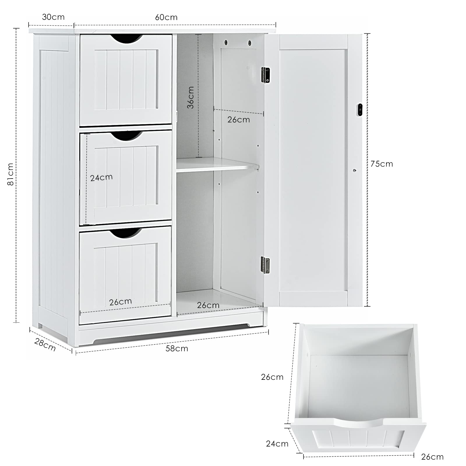 COSTWAY Drewniana szafka łazienkowa, z 3 szufladami i 1 drzwiami, szafka dolna z 3 pozycjami, regulowana półka, szafka do przechowywania do salonu, łazienki, 60 x 30 x 81 cm (biała)