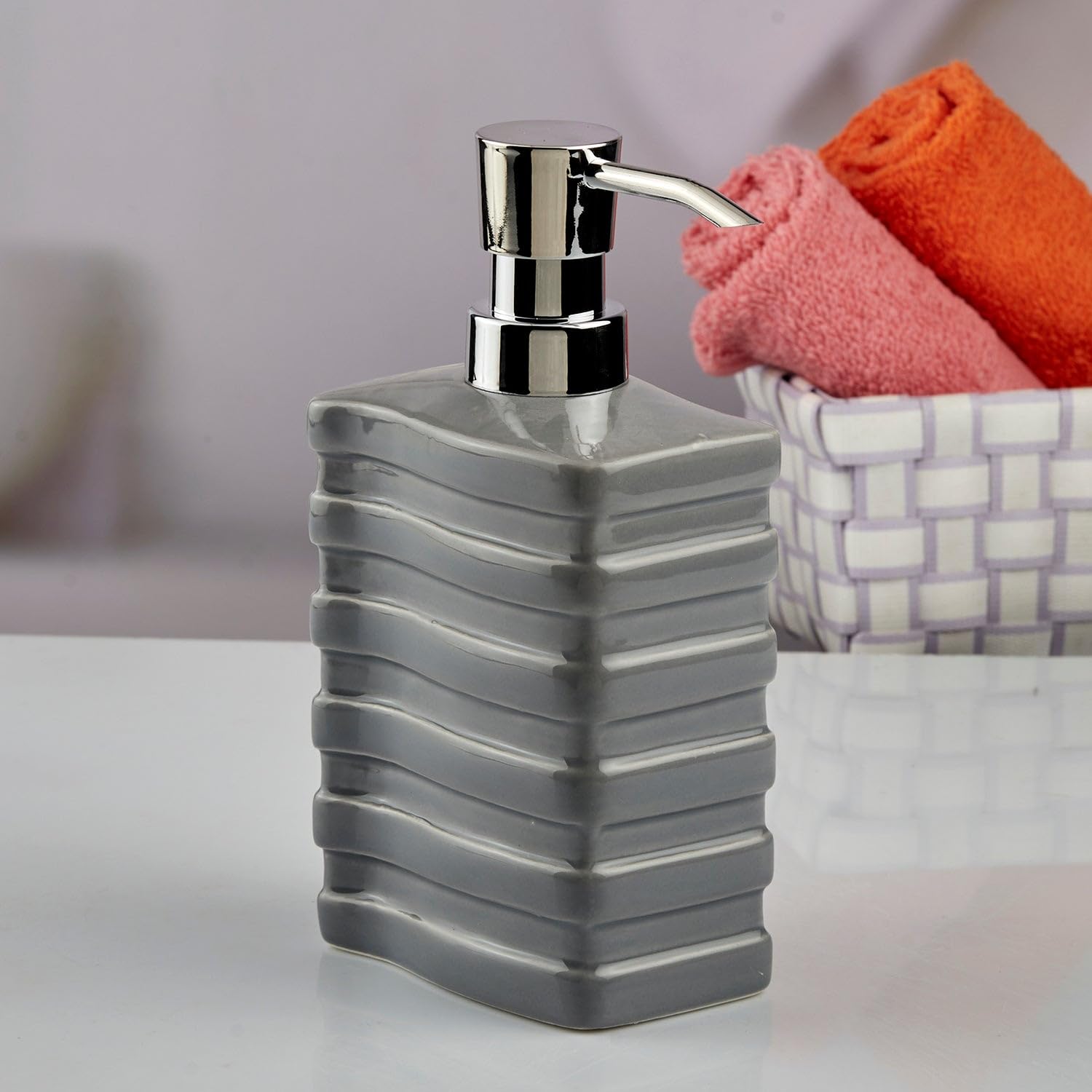SaSaSa Ceramic Soap Dispenser for Bathroom handwash, refillable Pump Bottle for Kitchen Hand wash Basin, Set of 1, Grey (10613)