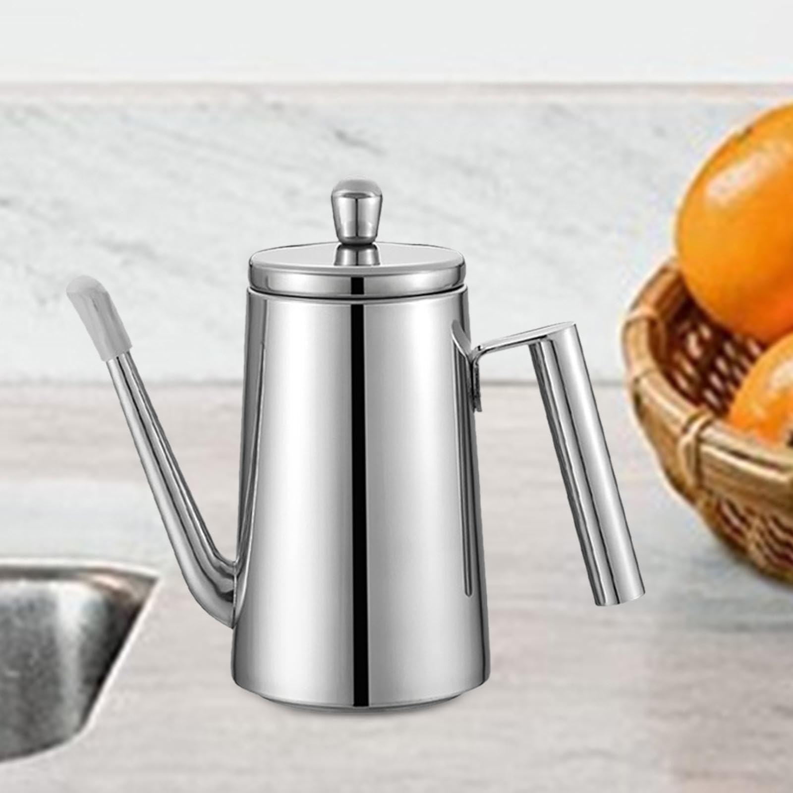 Botella de Aceite Oliva Dispensador Cocina Acero Inoxidable Contenedor con Asa Cómoda Vertido Sin Derrames con Tapa Adecuado para Restaurante Barbacoa, Mango de Acero de 700 Ml, Individual