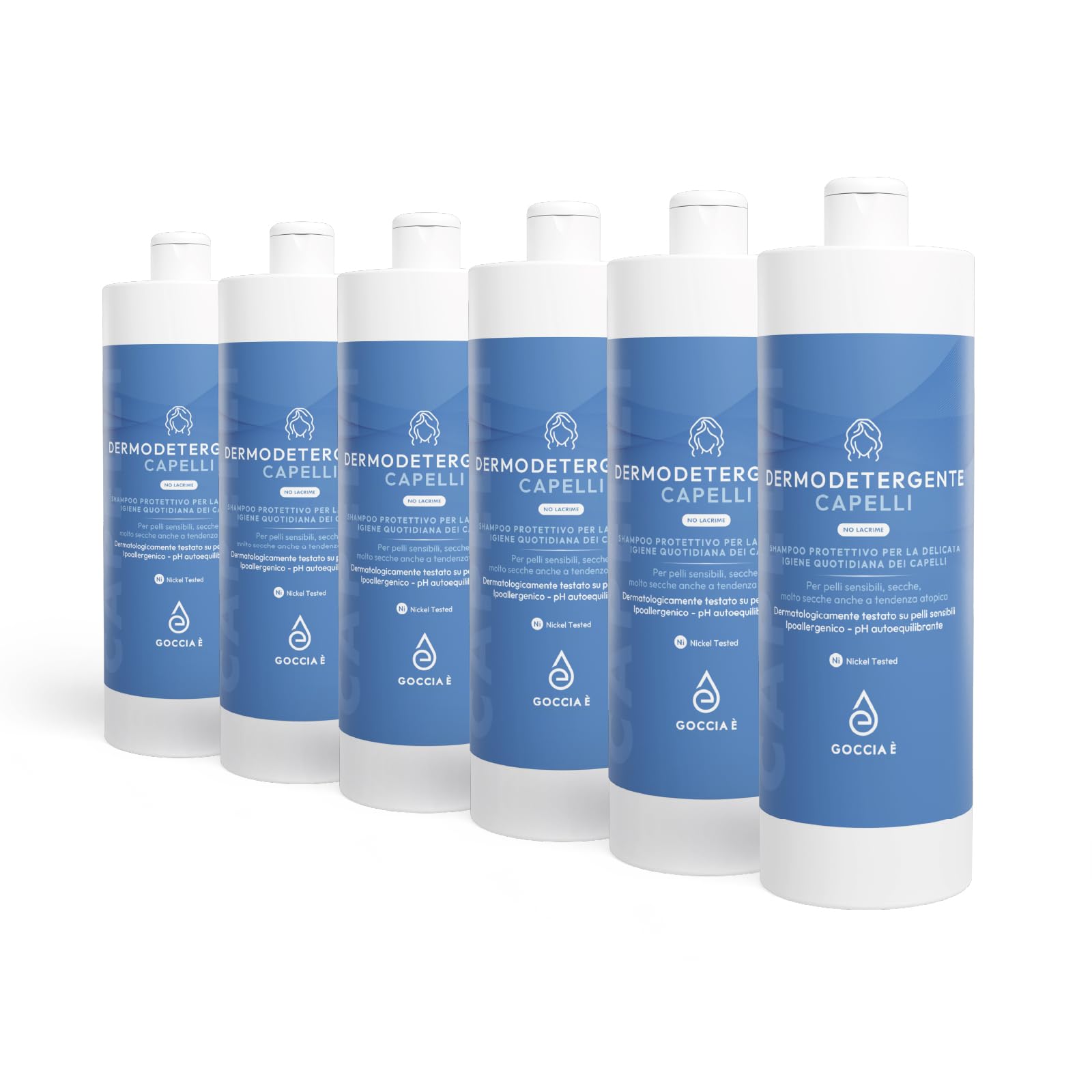 GOCCIA È - Dermodetergente Capelli Delicato Senza Parabeni Siliconi Oli Minerali Coloranti e Alcool, Ipoallergenico, pH Autoequilibrante, Nickel Tested, Tensioattivi Vegetali, No Lacrime, 1000ml x 6