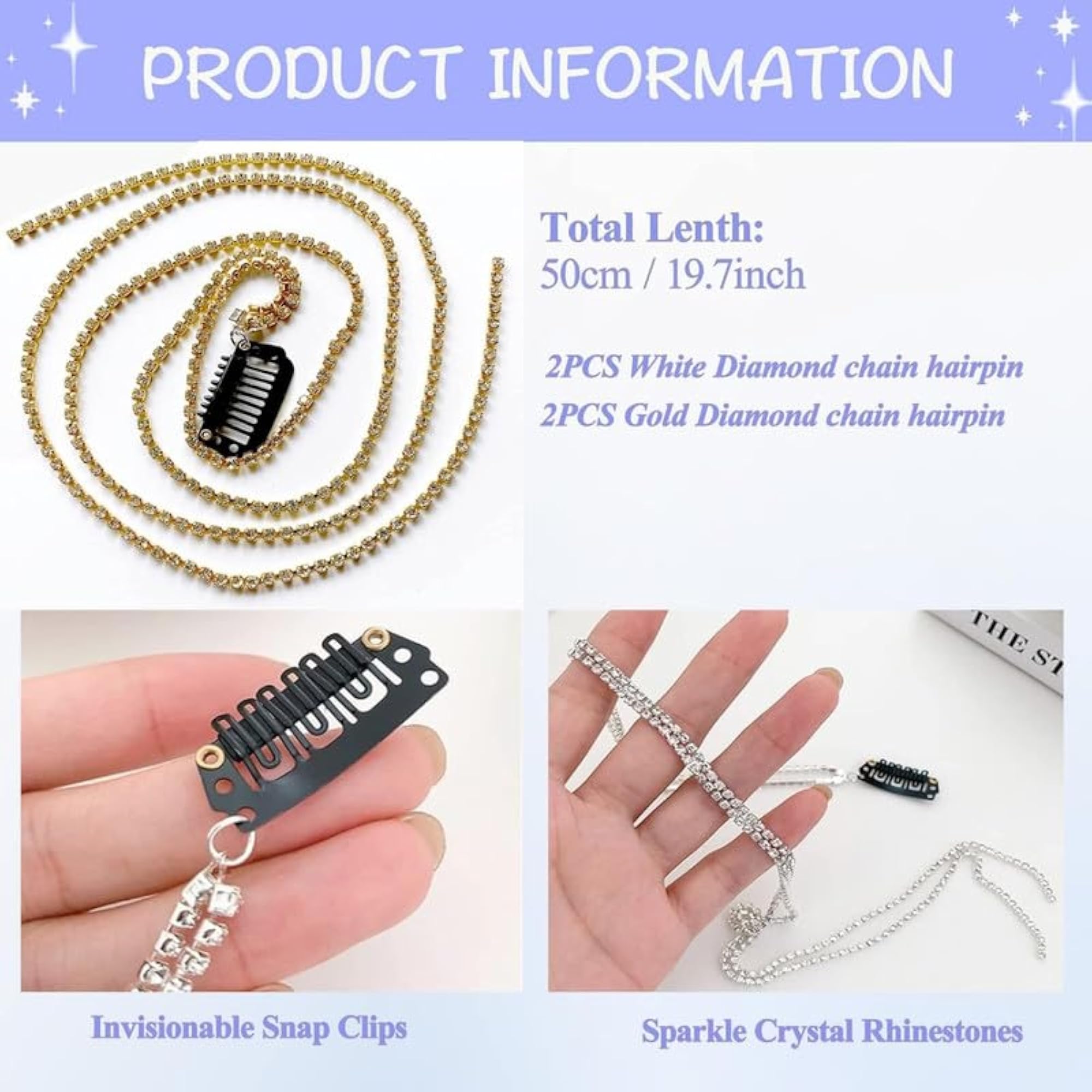 4pc Rhinestone Hair Chain Clips Set for Girls, Silver & Gold