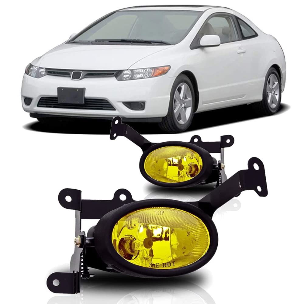 Winjet Fog Lights Compatible With 2006-2008 Honda Civic | Polycarbonate Resin Yellow With Wiring Kit Foglight Foglamp Lamps Halogen | 2007