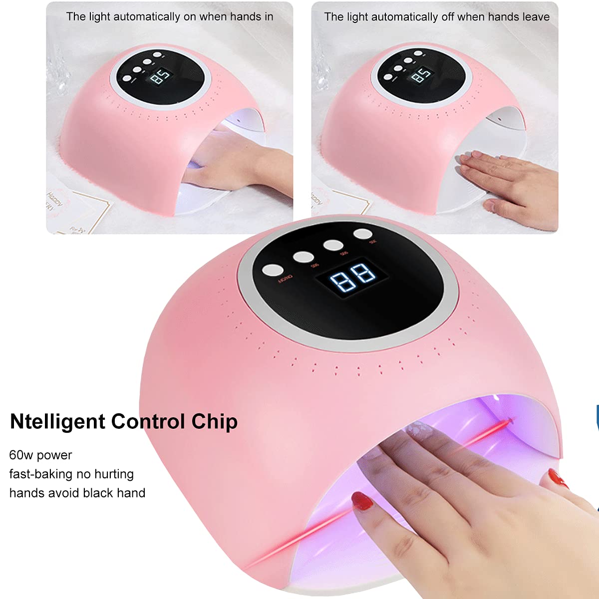 Lampada UV LED per Unghie 60W Cordless per Unghie, Luce UV Ricaricabile con Impostazione 4 Timer, Display LCD, Rilevamento Automatico, Funzione di Sbiancamento a Luce Rossa Strumenti per Nail Art (L
