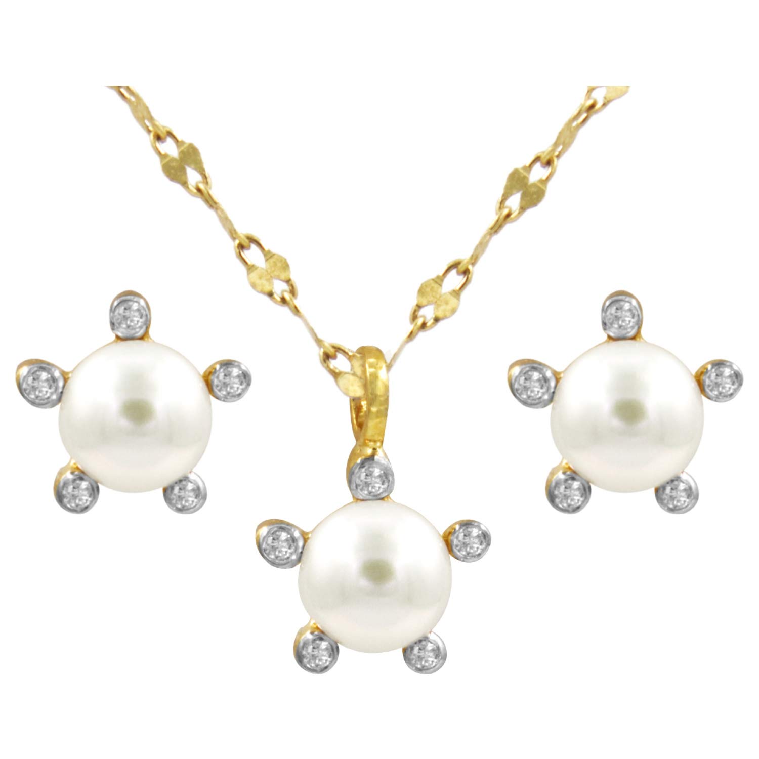 Teleios Luxe 18k Gold 0.13ct Diamonds Pearl Rise Necklace & Earrings