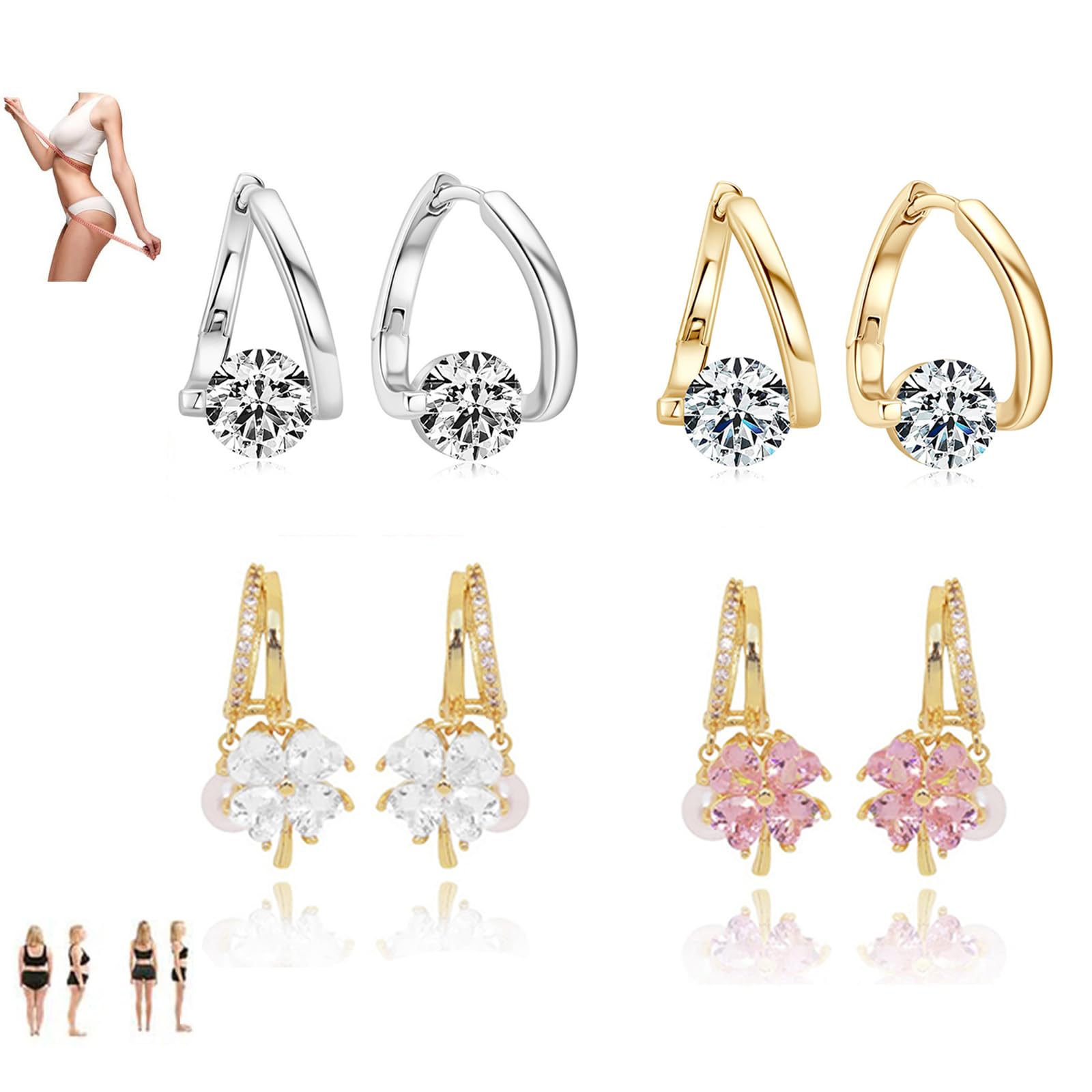 4 Pairs Lymphvity Therapy Germanium Earrings Lymphatic Drainage Earrings Acupuncture Earrings for Women Rhinestone Flower Hoop Earrings(B)