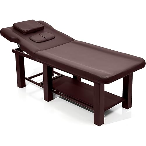 Professional Stationary Massage Table, 27'' W × 72'' L Metal Frame PU Leather Massage Bed with Backrest, Heavy Duty Spa Facial Bed for Treatments Physical Therapys Spa Facial Beds, Brown Square Leg