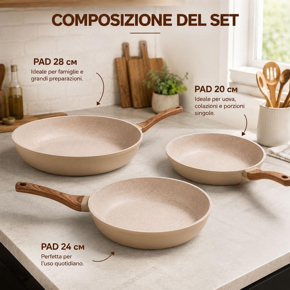 081 Store - Set 3 Padelle Antiaderenti 20, 24 e 28 cm, Padelle per Induzione, Gas e Tutti i Piani Cottura, Rivestimento Effetto Granito, Alluminio Forgiato, Senza PFOA, Manici Ergonomici Effetto Legno
