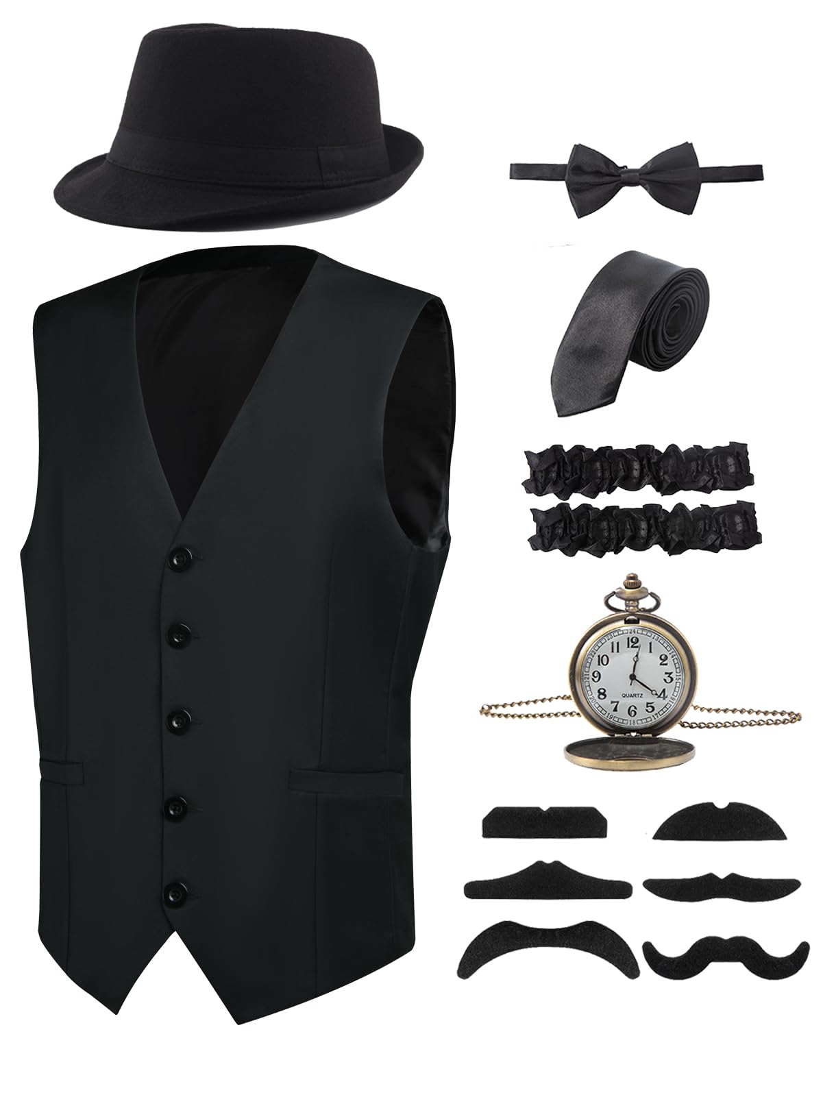 RAINDEWLL Roaring 20s Costumes for Men,1920s Mens Costume,Gatsby Gangster Vest Fedora Hat Pocket Watch Tie