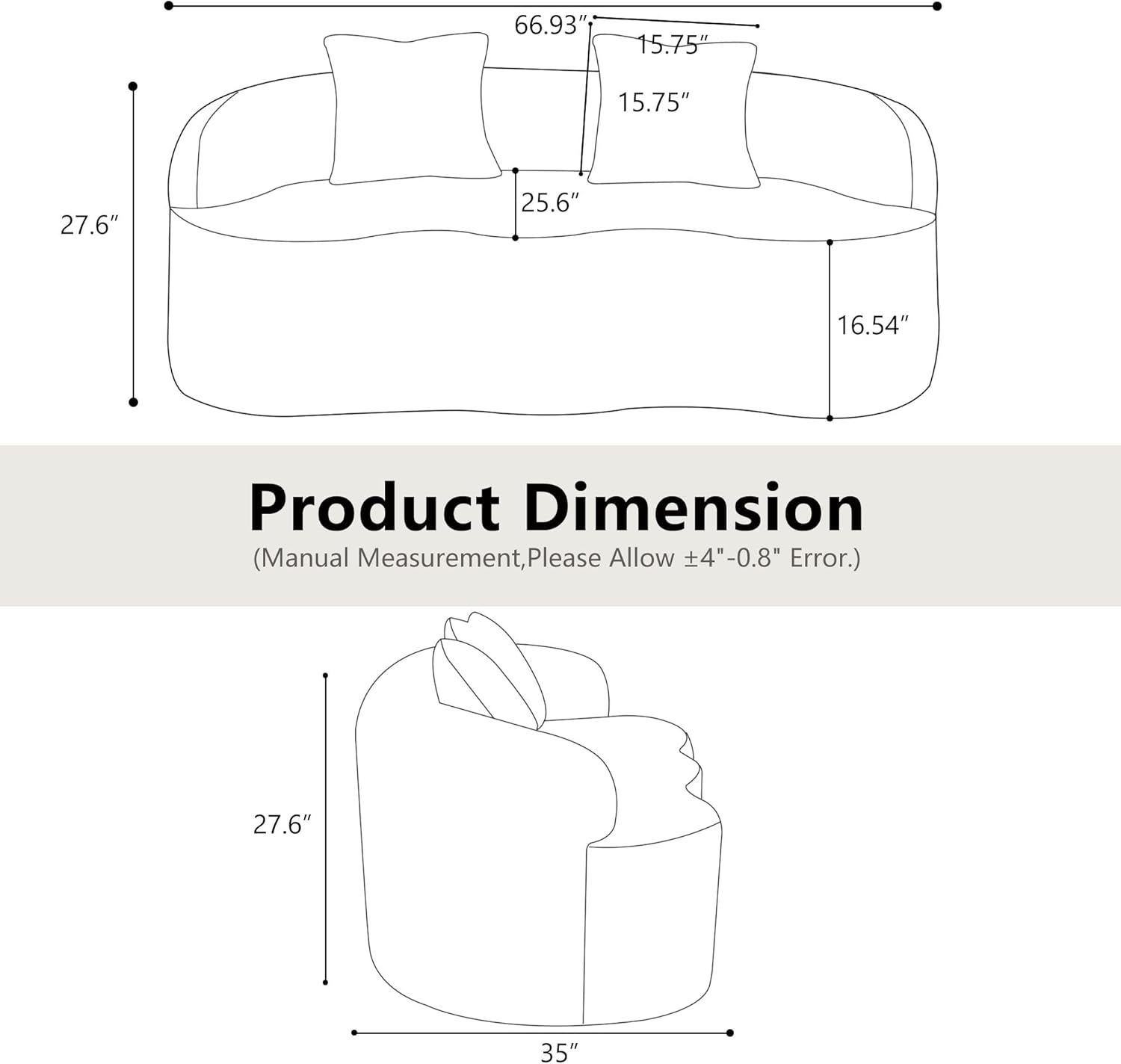 66.93" Curved Loveseat, 2 Seater Foam Sofa Plush Teddy Round Couch Cloud Sofa Deep Seat Love Seat with 2 Pillows, Modern Boneless Compression No Assembly Comfy Small Couches for Small Spaces (White)