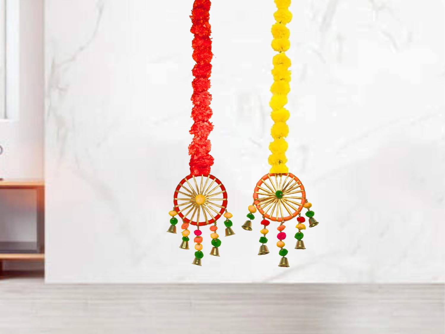 DRYPHON Artificial Marigold Flowers with Pom Pom Ring Bell Hanging Garlands for Home, Diwali & Wedding Decoration (Pack of 2)