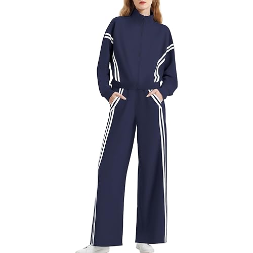 Women's 2 Piece Lounge Outfits Zip Up Sweat Set Contrast Striped Wide Leg Jogging Pants Travel Track Suit