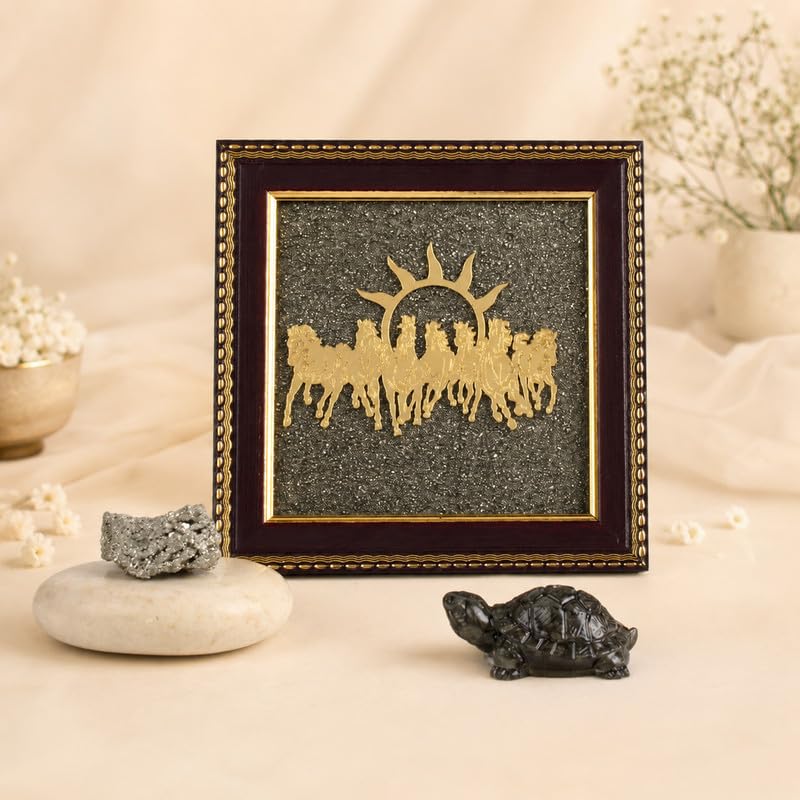 Image of Astrotalk Sampoorna Vastu Pyrite Combo | 7 Horses Frame, Pyrite Tortoise & Stone | Vastu Items for Wealth, Success & Protection | Home Decor for Living Room & Office Desk | Housewarming Gifts