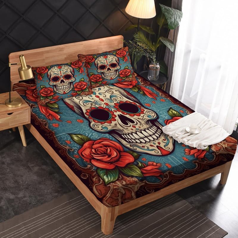 Miniatura 2 de Juego de sábanas tamaño King  Sábanas de cama de calavera de azúcar, sábanas y fundas de almohada, bolsillo suave y profundo y sin arrugas, 1 sábana