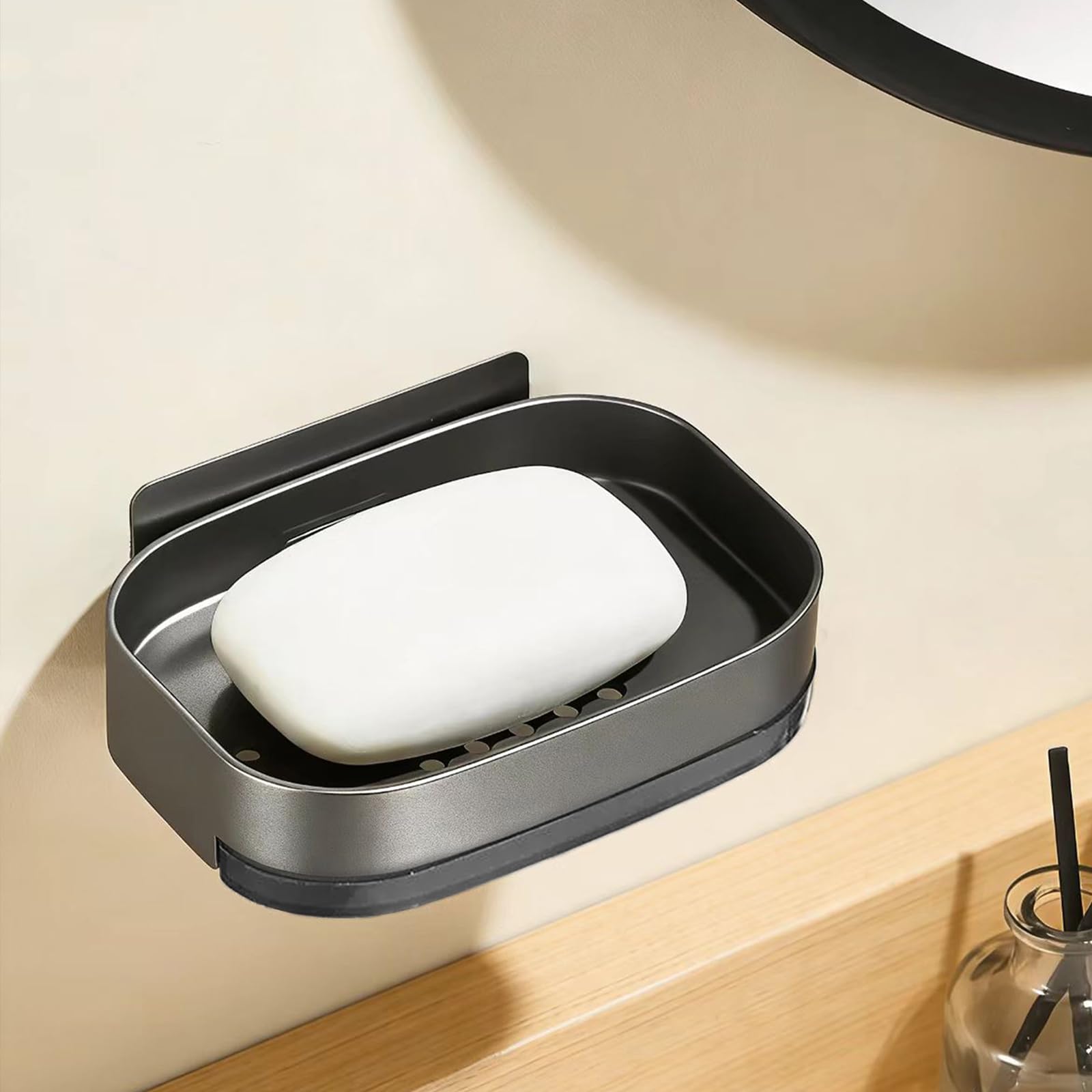 YILAIMAX Soap Dish Holder,Self-Adhesive Detachable With Water Collection Box Wall Mounted Soap Dishes for Bathroom,Rust-Resistant Aluminum Alloy Material(Grey）