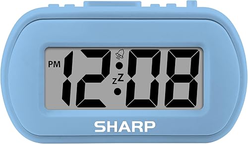 Sharp Reloj despertador digital – Caja táctil con acabado de goma suave – Funciona con pilas – Retroiluminación azul bajo demanda – Alarma