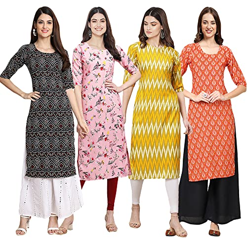 Image of Pinkmint Women's Crepe Digital Print Straight Kurta [Pack of 4] (CCV-334-338-339-335)