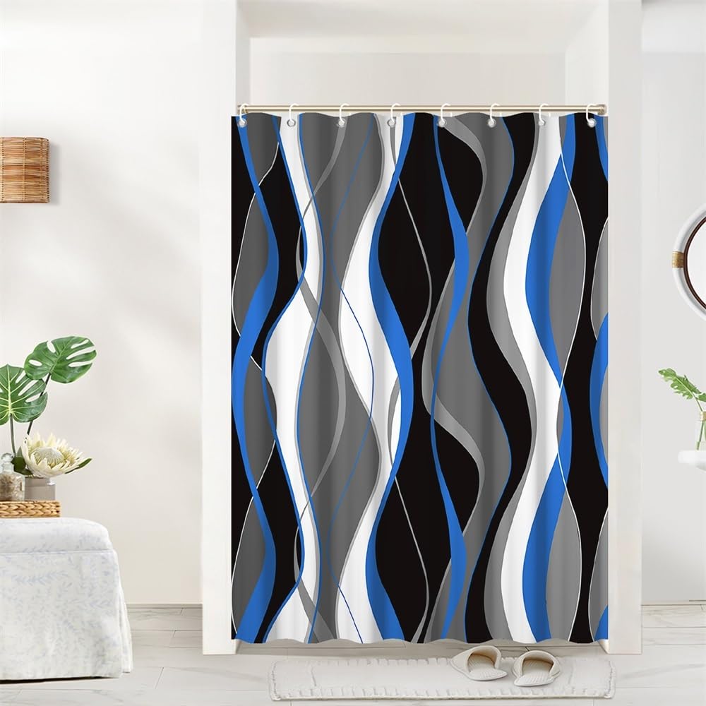DORCEV 48x72inch Abstract Geometric Fabric Shower Curtain for Bathroom with Hooks Black White Blue Grey Shower Curtains for Bathroom Modern Art Aesthetics Waterproof Bath Accessories Hotel Decor