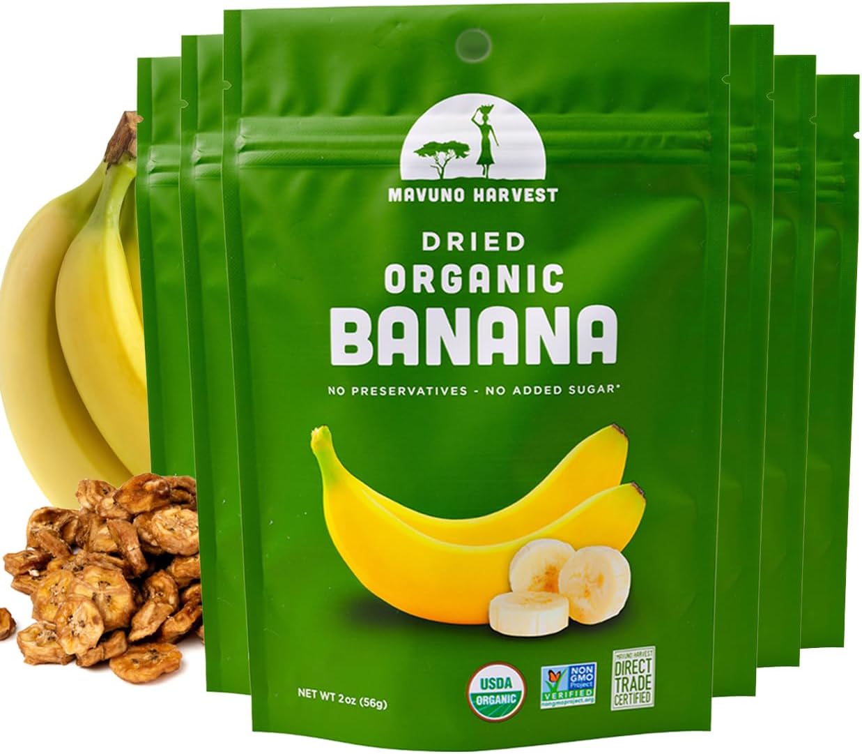 Mavuno Harvest Dried Banana Chips Fruit Snacks | Organic Dried Banana | Healthy Snacks for Kids & Adults | Unsweetened Banana Chips | Gluten Free Snack | Vegan, Non GMO, Direct Trade | 2 Oz, Pack of 6
