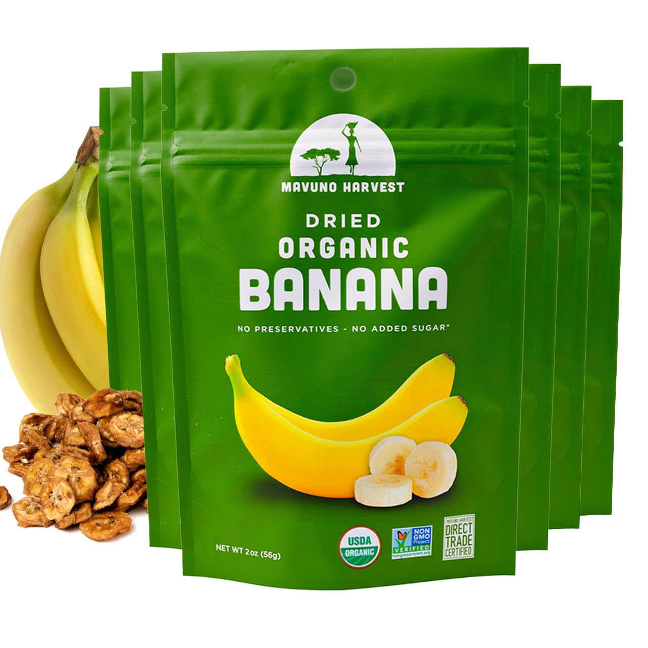 Mavuno Harvest Dried Banana Chips Fruit Snacks | Organic Dried Banana | Healthy Snacks for Kids & Adults | Unsweetened Banana Chips | Gluten Free Snack | Vegan, Non GMO, Direct Trade | 2 Oz, Pack of 6USDA Organic