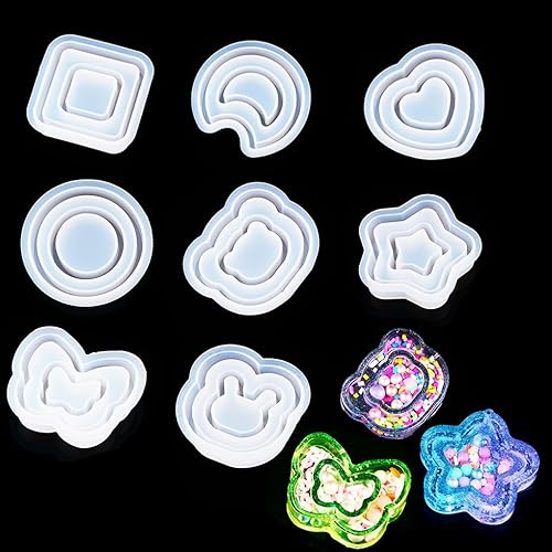 FineInno 8 moldes de fundición de resina de doble capa con 80 hojas de sellado, molde de resina epoxi de arena movediza, corazón, estrella,