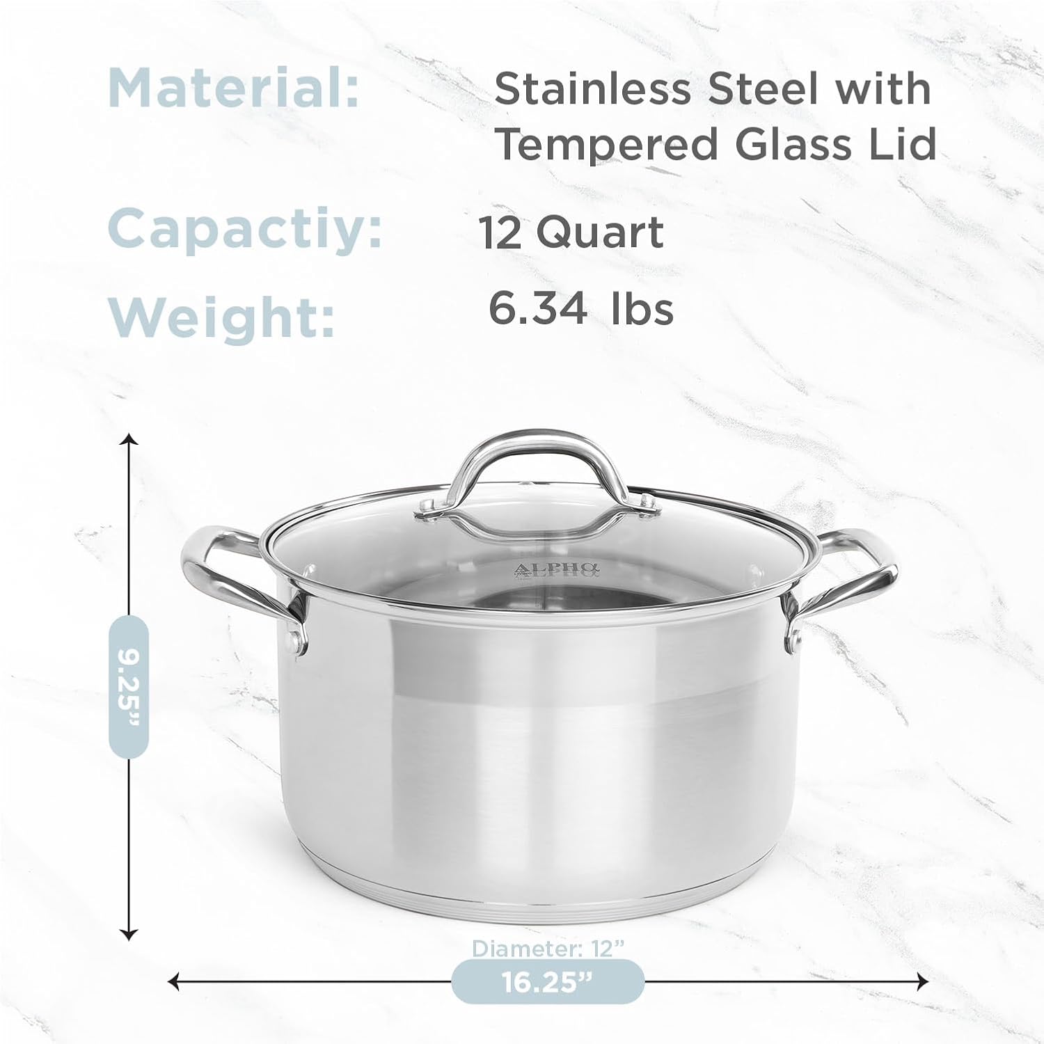 Alpha Living SP-12G Stainless Steel Pot with Capsule Bottom – Induction Compatible 12Qt Pot with Lid – Tri-Ply Ultra-Thick Bottom – Ideal for Spaghetti, Cooking, Canning, Boiling