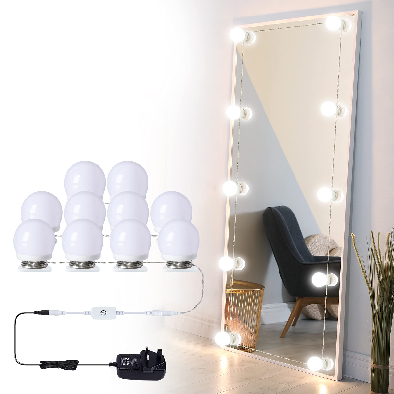 HURYEE Hollywood Style LED Vanity Mirror Lights Kit with Dimmable Light Bulbs, Stick on Lighting Fixture Strip for Makeup Vanity Table & Dressing Room/Bathroom Mirror (Plug, 10 Bulbs)
