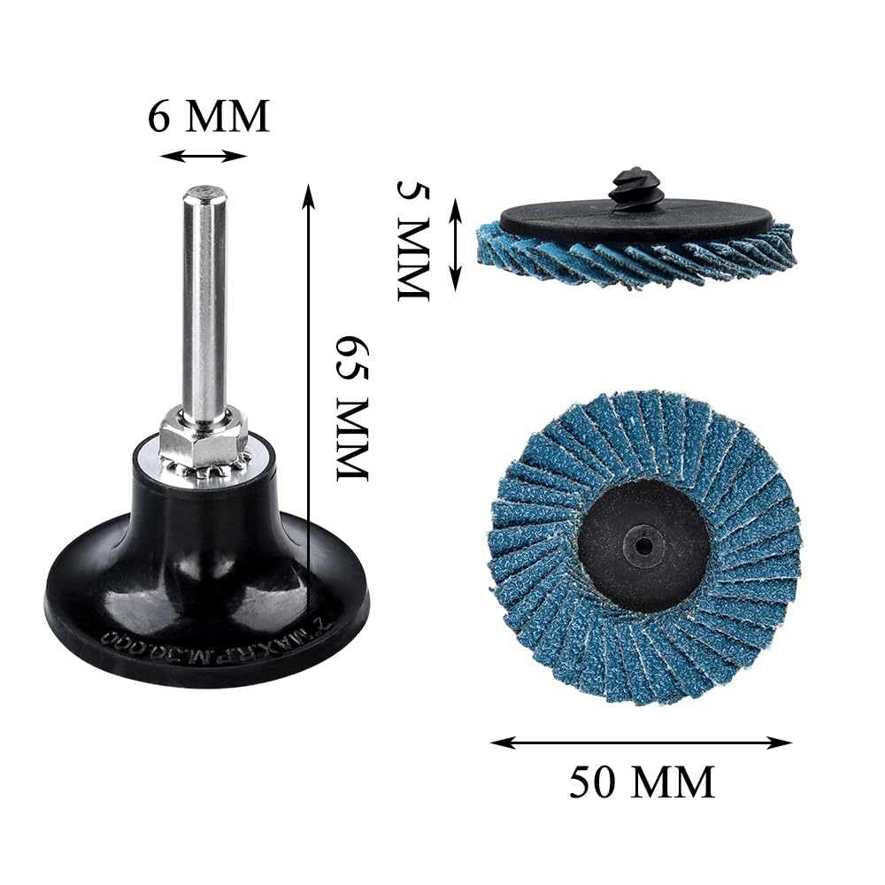 Treki 15 Stück Mini Fächerscheiben für Bohrmaschine 40/60/80er Körnung, 50 MM Schleifscheiben Pad Kit mit 6,35 MM Adapter, Schleifaufsatz für Akkuschrauber, Klein Schleifpapier Schleifpads