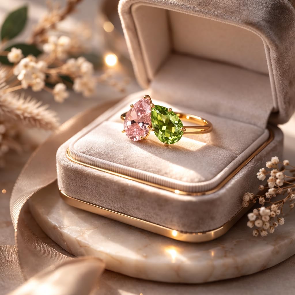 14K Yellow Gold Two Stone Pink Sapphire & Green Peridot Ring Pear Cut Toi et Moi Engagement Ring for Women Open Bypass Promise Anniversary Fine Jewelry Gift for Her