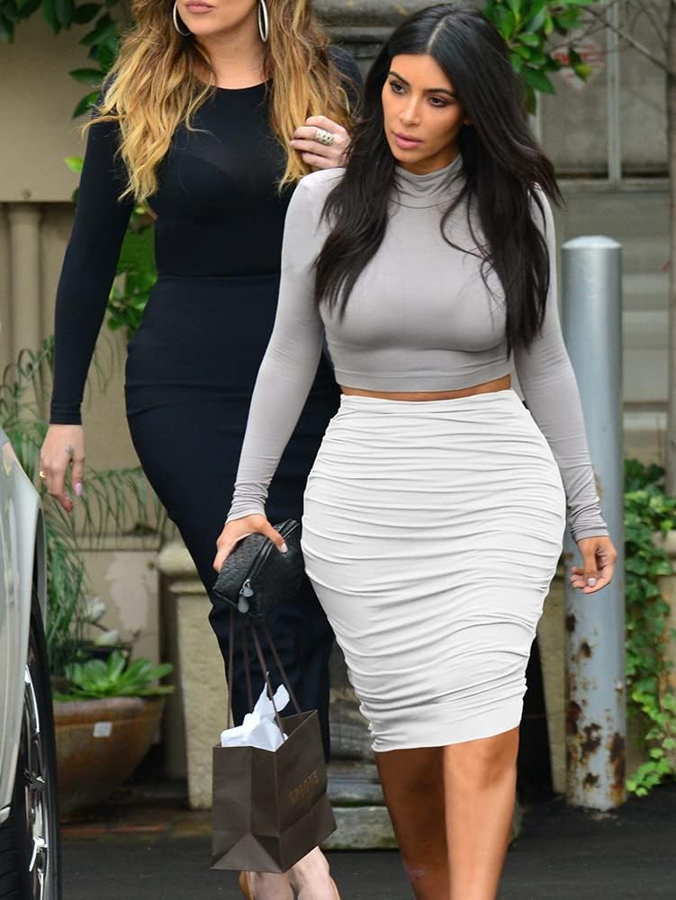 Women's Ruched Sexy Bodycon Elastic High Waist Stretch Midi Pencil Skirt - Image 5