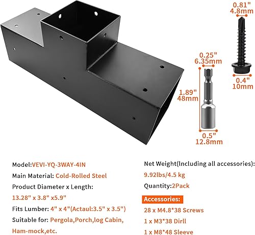 Miniatura 7 de Kit de bricolaje de pérgola, 2 soportes de esquina en ángulo en T de 3 vías, soporte de madera elevado con tornillos para vigas de madera de 4 x 4