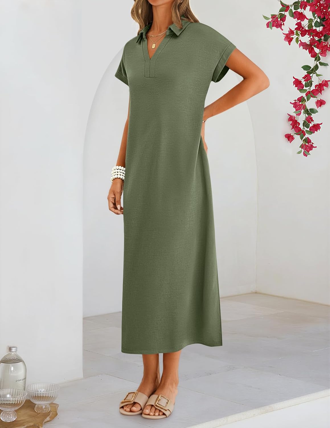 MEROKEETY Women's Summer Casual Maxi Dress 2026 Cap Sleeve V Neck Collared Beach Vacation T Shirt Long Dresses - Image 3