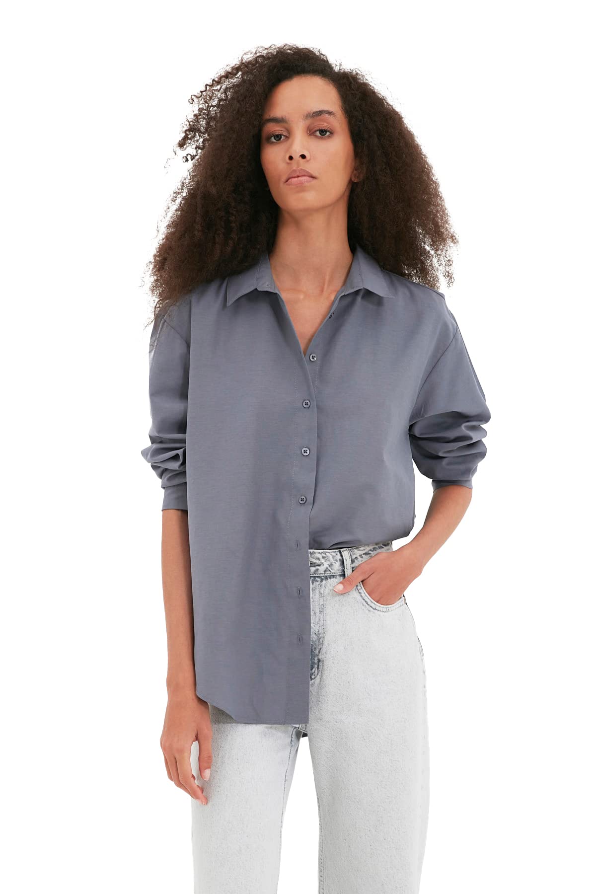 Trendyol Collection Damen Grau Anthrazitfarbenes, Locker Sitzendes, Gewebtes Baumwollhemd Für - Größe 34