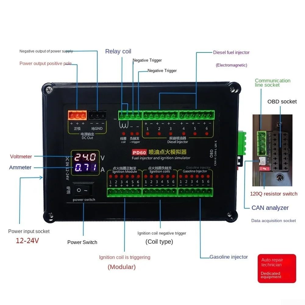 PD60 Symulator wtrysku paliwa i zapłonu – profesjonalne narzędzie diagnostyczne CAN Bus Analyzer 12-24V wtryskiwacz / tester cewki zapłonowej