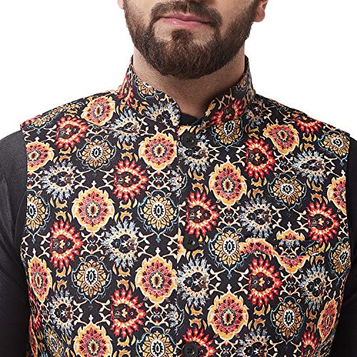 Image of SOJANYA (Since 1958 Men's Silk Blend Black Kurta Pyjama & Printed Nehrujacket Combo
