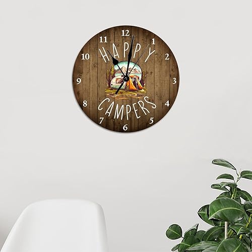 Miniatura 3 de Reloj de PVC de 10 pulgadas silencioso sin tictac Happy Camper sin marco, con temática de camping, funciona con pilas, moderno reloj colgante