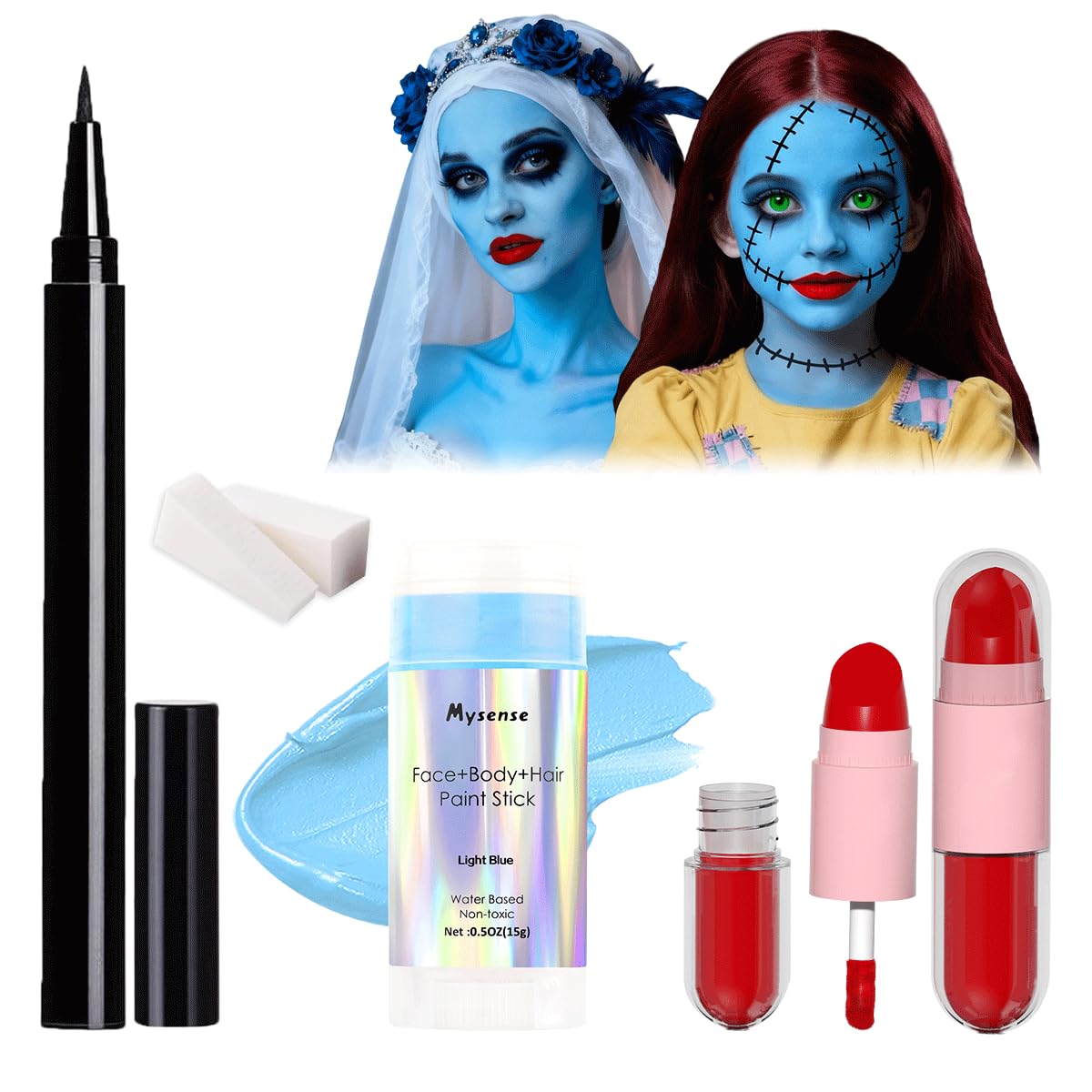 Mysense Sally Makeup Kit,Halloween Corpse Bride costume,Sally Face Cosplay Accessories for Women,Light Blue Face Paint+Red Double-Ended Lipstick+Black Eyeliner+Sponges