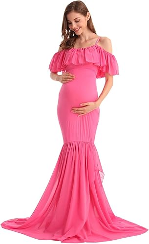 Miniatura 9 de MYRISAM Vestido de maternidad con volantes y hombros descubiertos de gasa en capas de sirena para fiesta de boda vestido ajustado