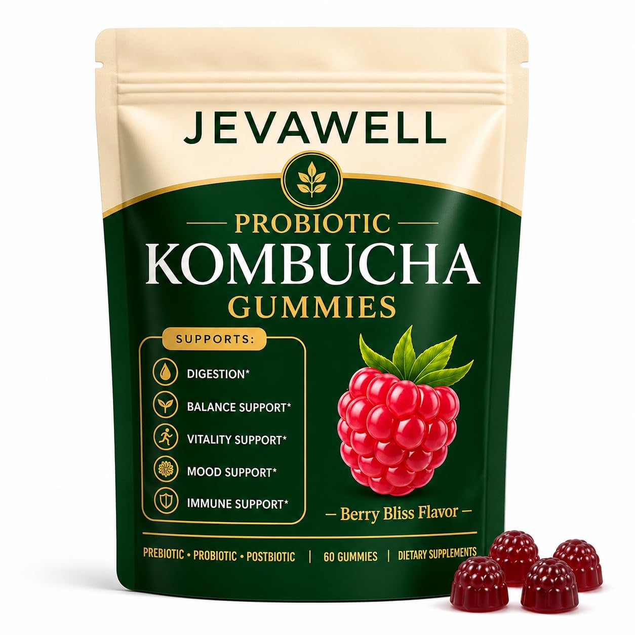 IRMI Jevawell Probiotic Kombucha Gummies - Prebiotics, Probiotics, Postbiotics, Fiber Supplement, Slippery Elm, Dandelion Root, for Bloating, Gut Health - Probiotics for Women and Men 1PC