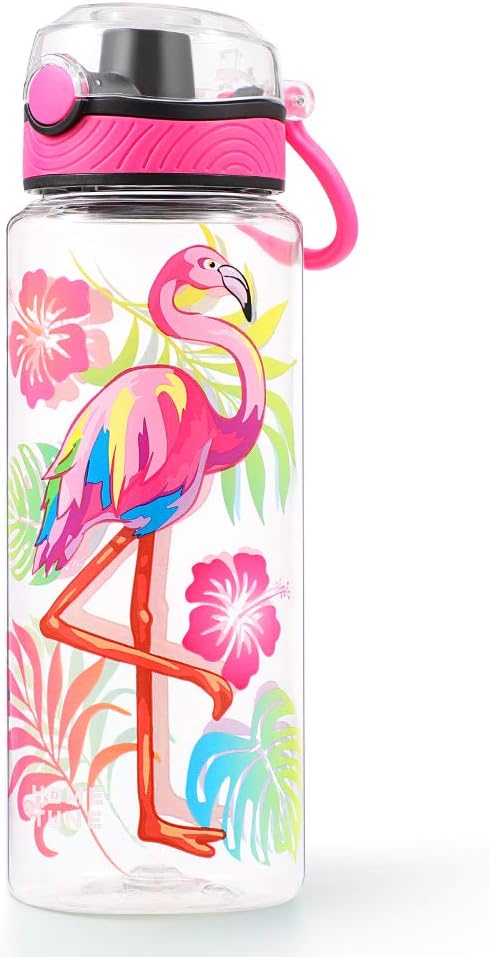 Home Tune Cute Water Bottle for School Kids Girls, BPA FREE Tritan & Leak Proof & Easy Clean & Carry Handle, 23oz/ 680ml - Flamingo
