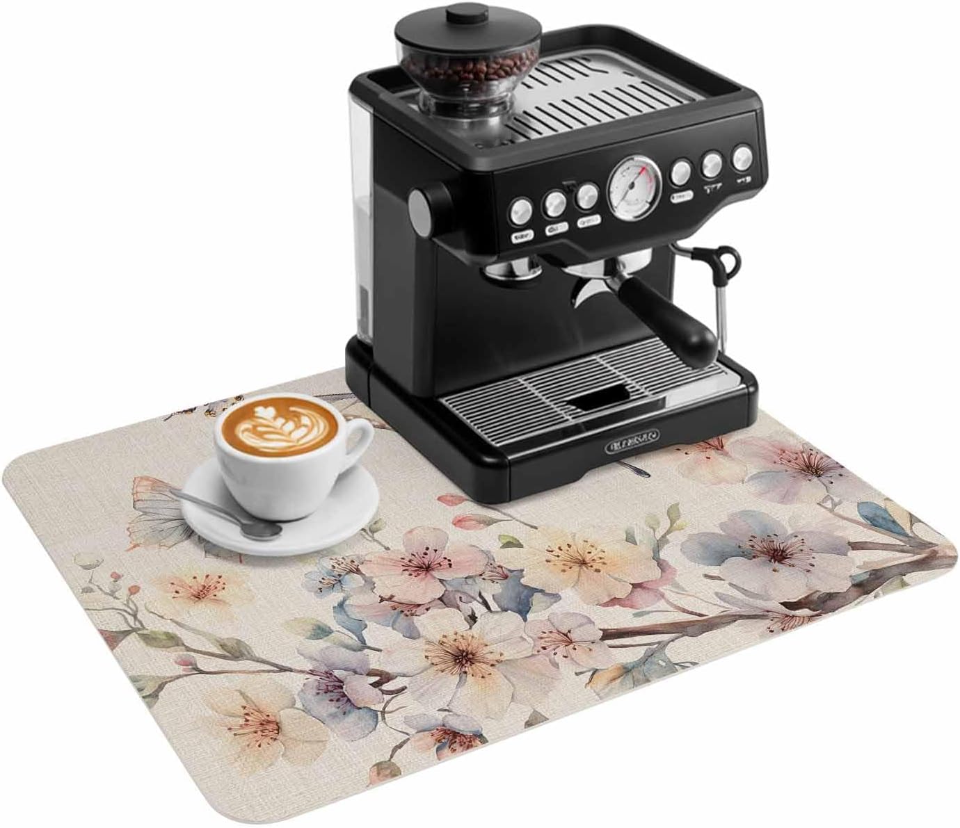 Coffee Mat Blue Butterfly Flowers Dish Drying Mat for Kitchen Counter Linen Background Coffee Bar Mat for Coffee Maker and Espresso Machine, Coffee Station Accessories 18x24in