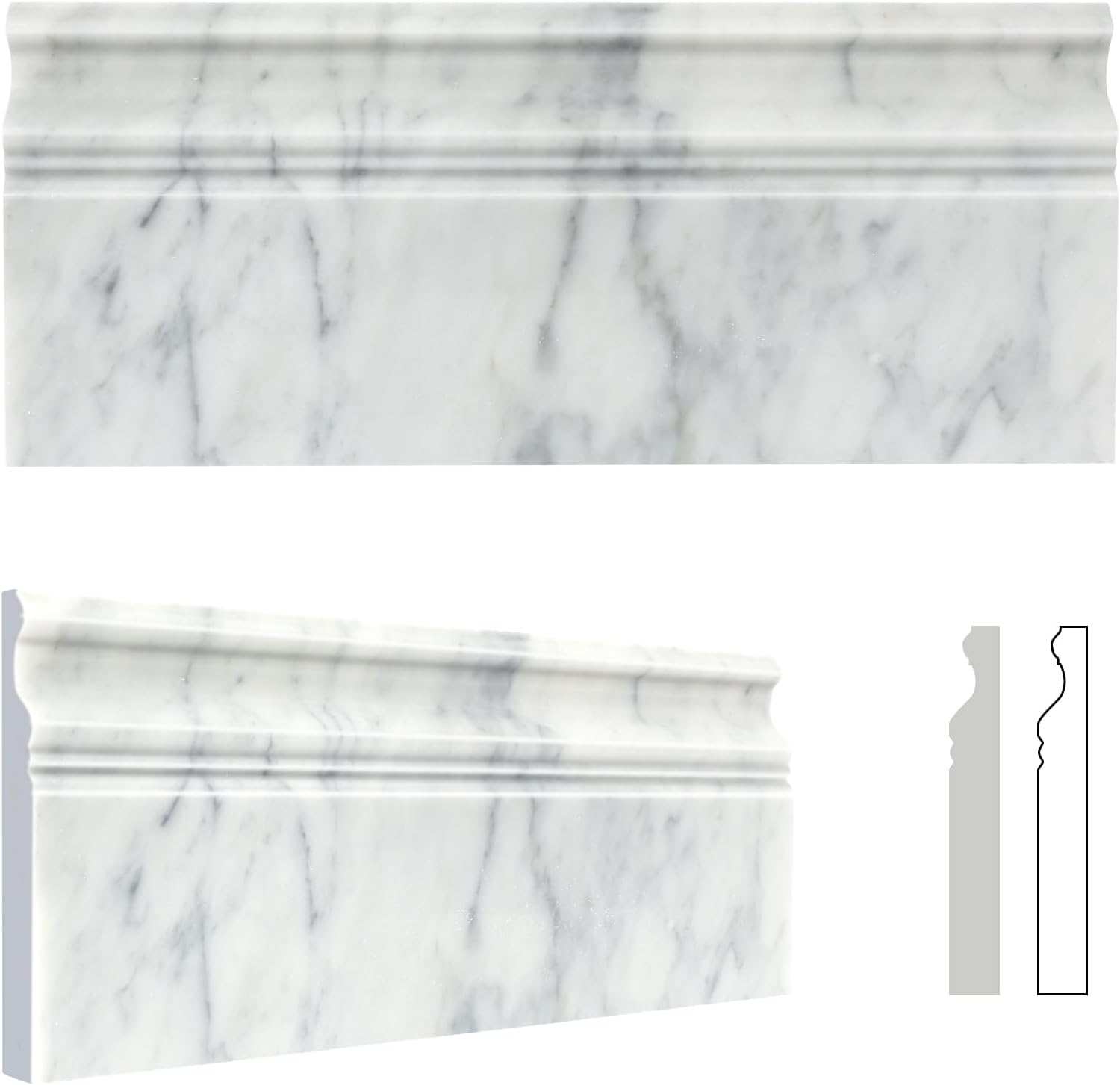 4 Pack Carrara White Marble Baseboard Trim Molding 5 x12'' Polished Wall Base Moulding for Bathroom Wall and Kitchen Backsplas