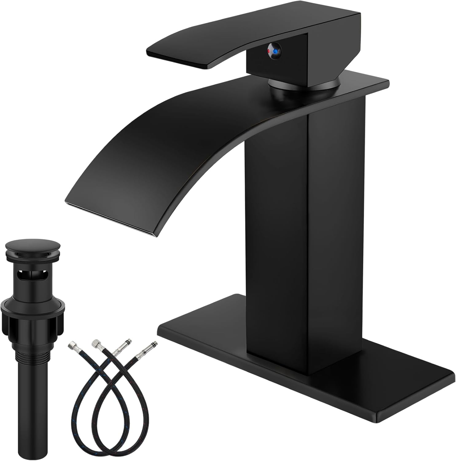 Midanya Bathroom Faucet with Waterfall Spout, Single Hole or 3-Hole Deck Mount, 304 Stainless Steel Sink Faucet with Pop-Up Drain, RV Vanity Compatible,Matte Black