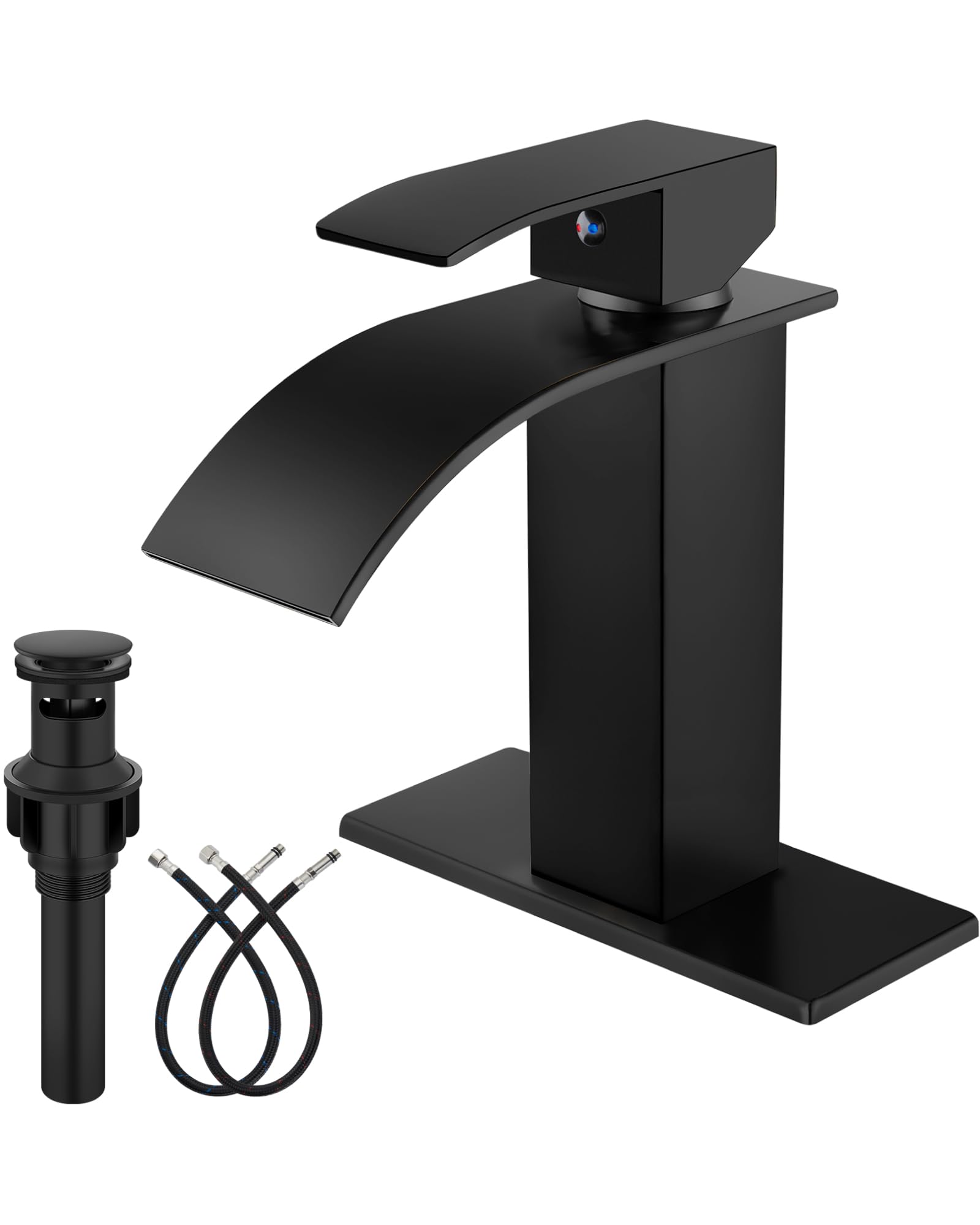 Midanya Bathroom Faucet with Waterfall Spout, Single Hole or 3-Hole Deck Mount, 304 Stainless Steel Sink Faucet with Pop-Up Drain, RV Vanity