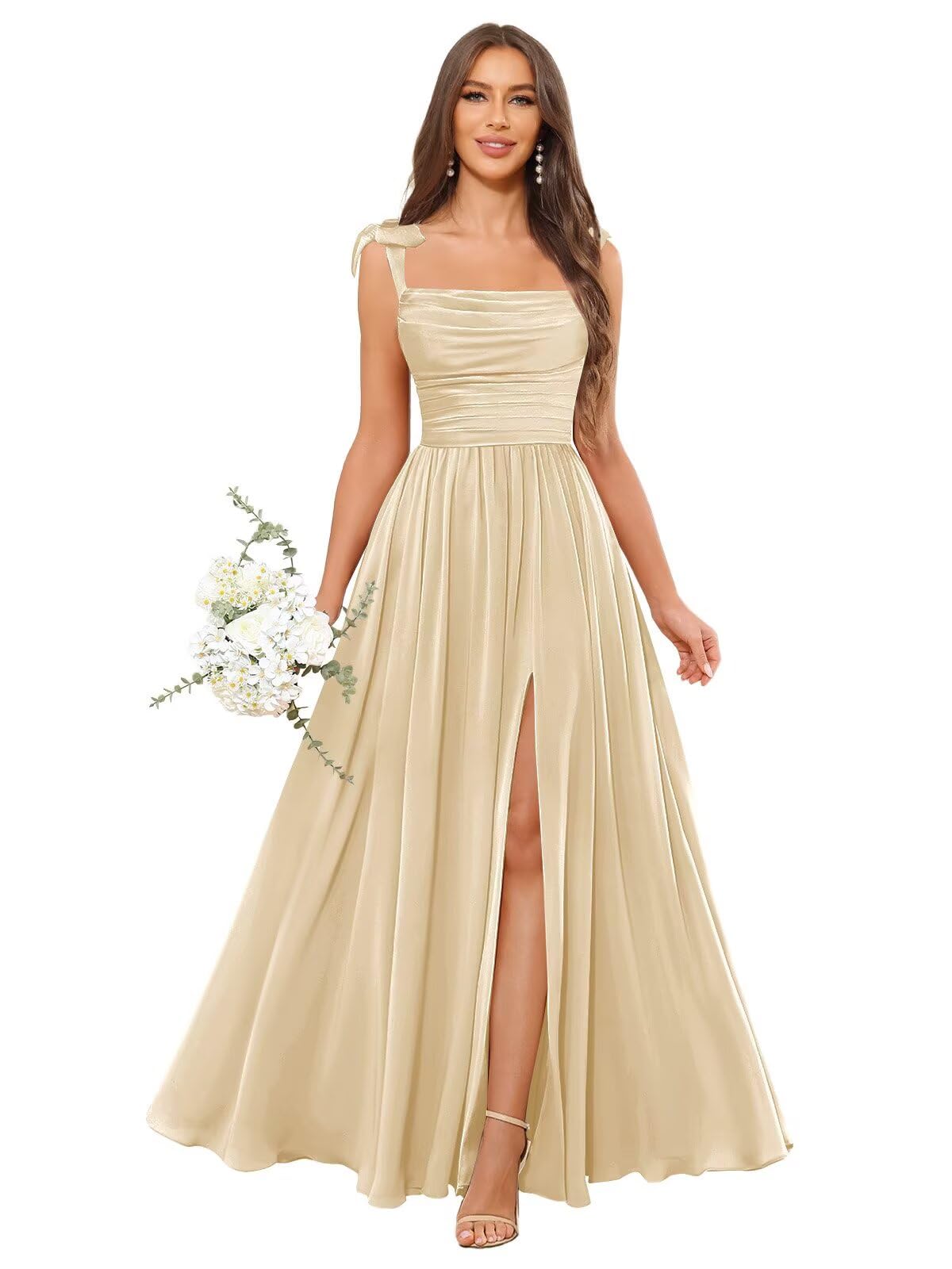 CFQCX Square Neck Bridesmaid Dresses for Women Long Split Pleated Chiffon Formal Dress with Pockets