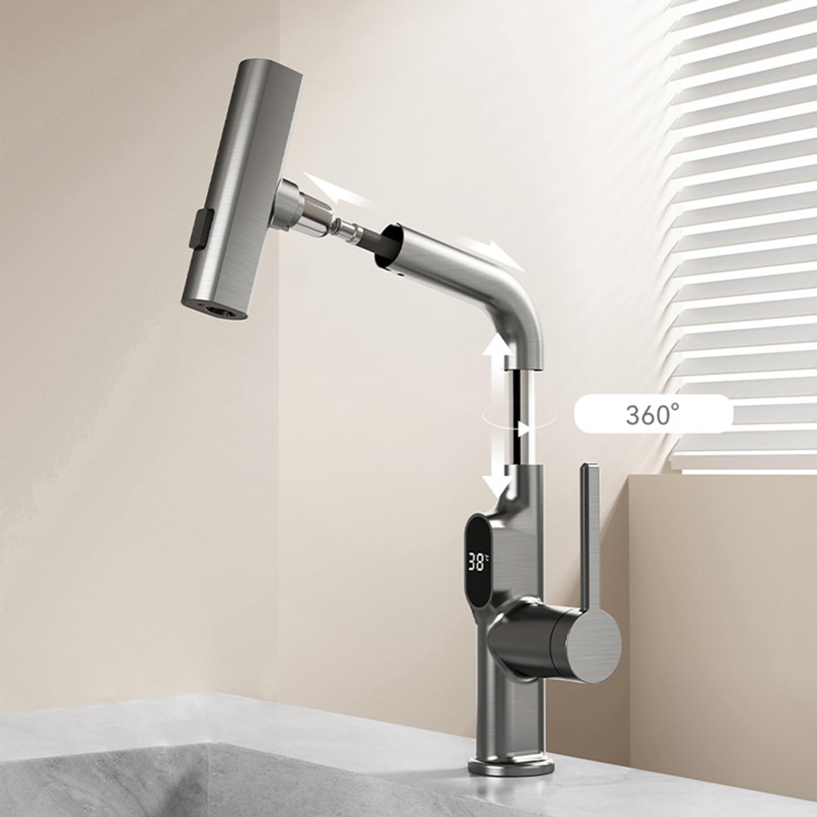 Generico Rubinetto da Bagno Rubinetto per Lavabo Cascata Estraibile Monocomando con Display Digitale Sollevabile Bianco