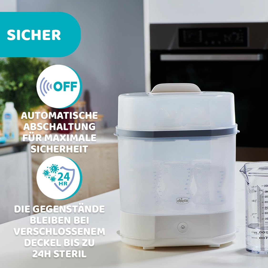 Chicco Modularer Dampfsterilisator 3 in 1, Babyflaschen-Sterilisator, Einstellbarer Dampfsterilisator für Babyflaschen, für Mikrowelle, mit 3 Konfigurationen, Schnelle und Einfache Anwendung