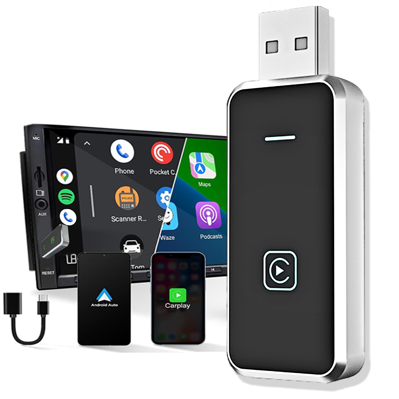 Wireless CarPlay & Android Auto Adapter 2-in-1, USB Plug & Play