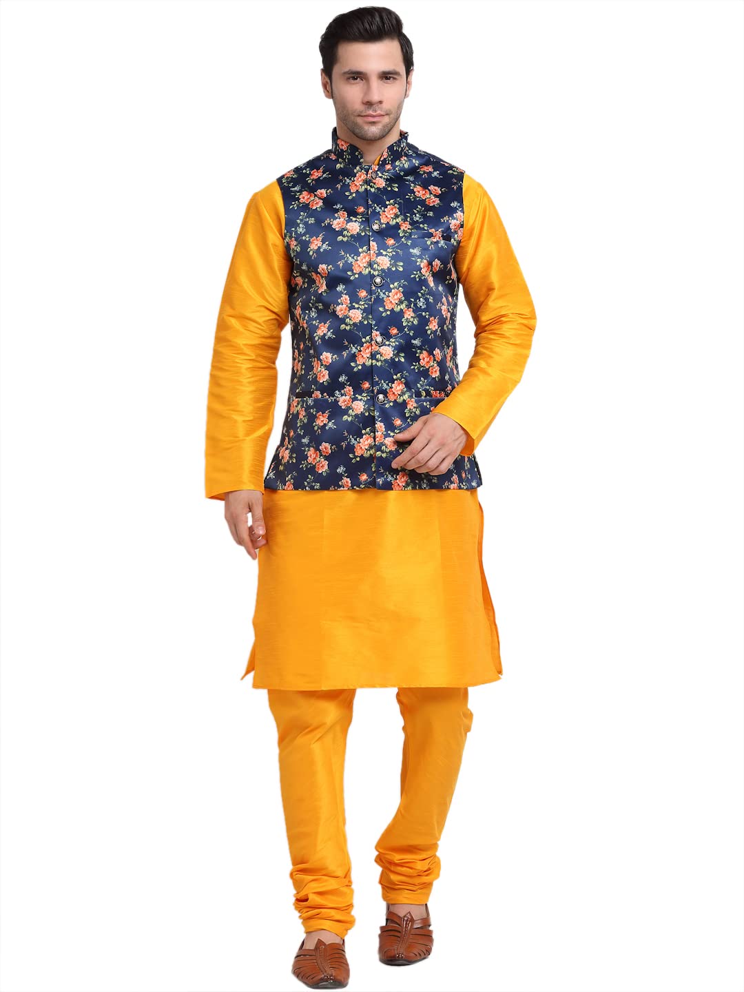 Men Mustard Kurta Churidar With Satin Nehru Jacket-image-37